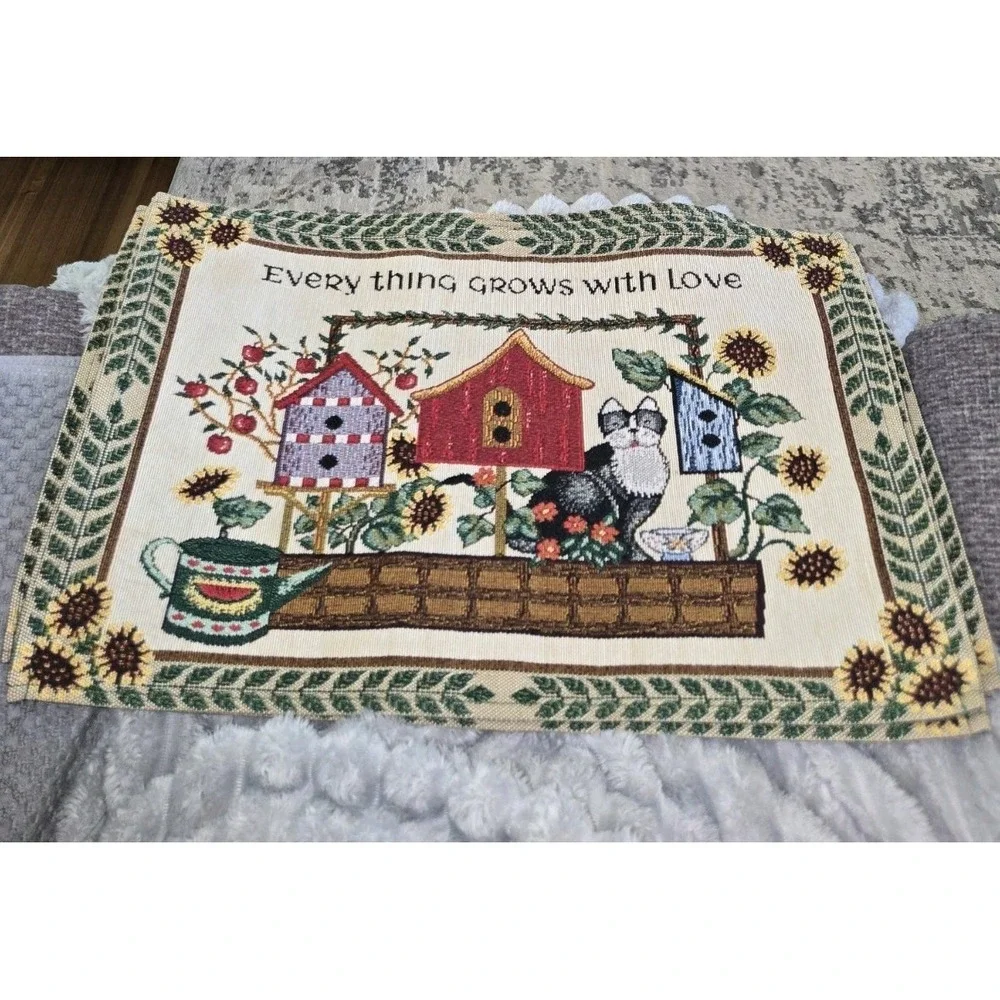 6 Woven Tapestry Placemats Everything Grows With Love Cat Birdhouses 19x12‎ in